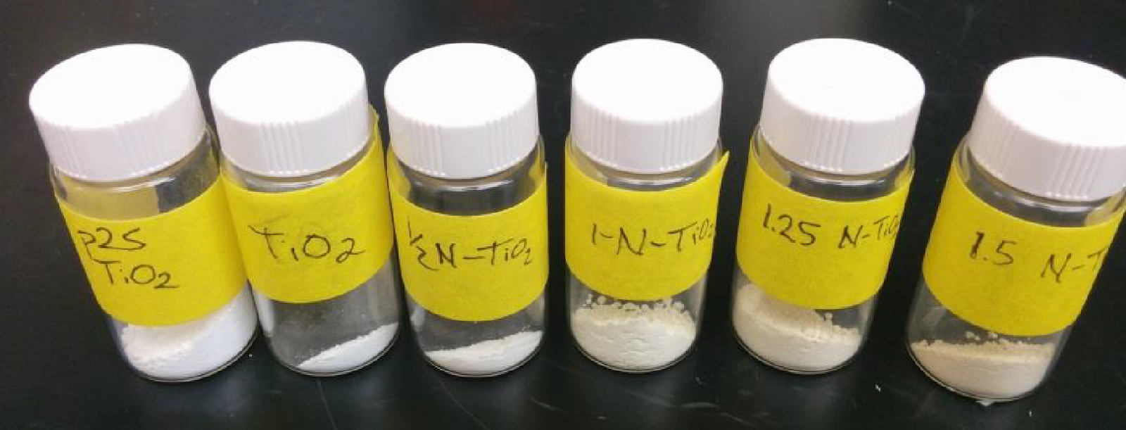 Left to right:  Changes in TiO2 color in response to increased nitrogen doping.
